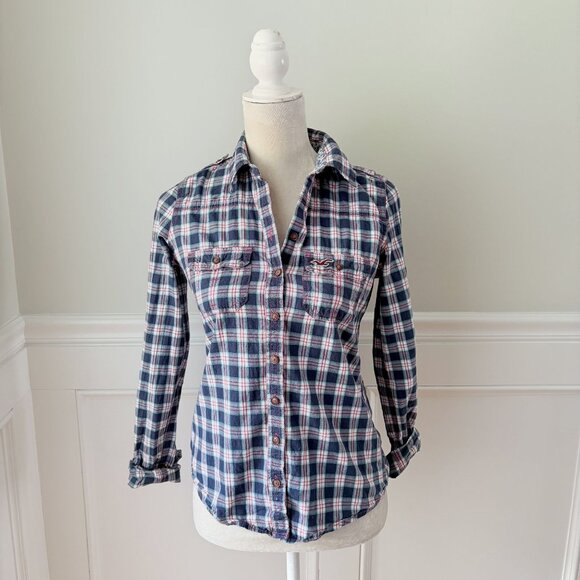 Hollister Womens Plaid Button-Down Shirt S Long Sleeve Blue/Red Cotton Blend - Picture 1 of 5